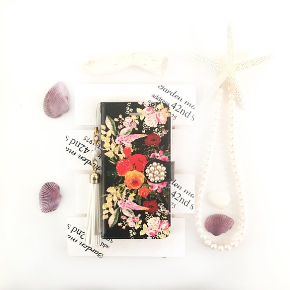 黑色復古花束圖案筆記本智慧型手機保護殼 [花朵圖案] iPhone/Xperia/Galaxy/AQUOS 第1張的照片