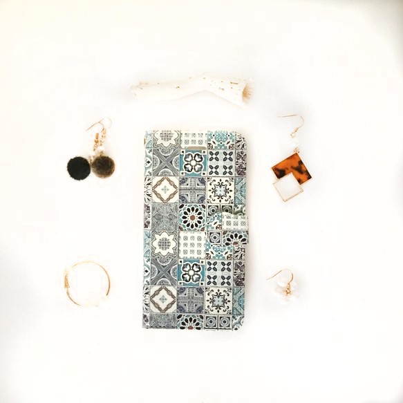 綠松石地中海伊茲尼克瓷磚圖案筆記本智慧型手機保護殼無寶石 [瓷磚圖案] iPhone/Xperia 第1張的照片