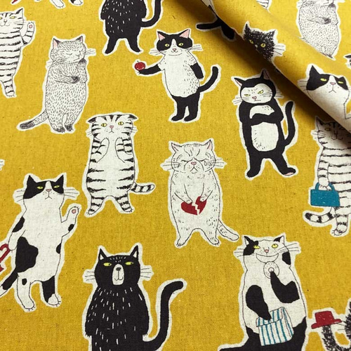 110×50 猫柄 生地 おでかけねこさん イエロー 綿麻キャンバス コットン 
