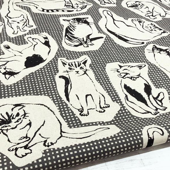 110×50 猫柄 生地 チェック×ネコ綿麻キャンバス グレー コットンリネン 