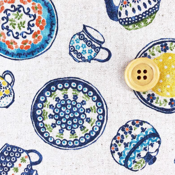 110×50 綿麻キャンバス コットンリネン 北欧食器柄の布 生地 キナリ 4枚目の画像
