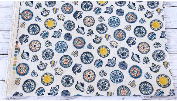 110×50 綿麻キャンバス コットンリネン 北欧食器柄の布 生地 キナリ 7枚目の画像