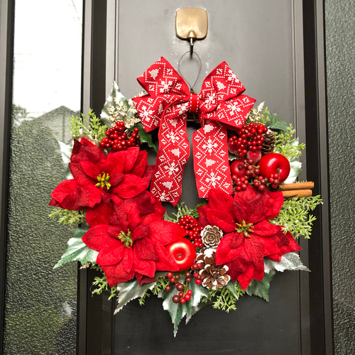 ポインセチアと赤い実のクリスマスリース アートフラワー La ruelle