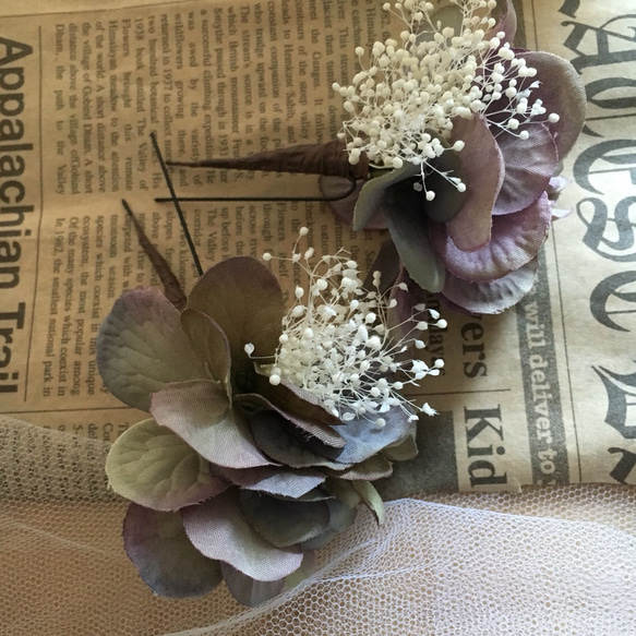 秋色紫陽花とかすみ草のヘッドドレス✼∗2点セット 1枚目の画像