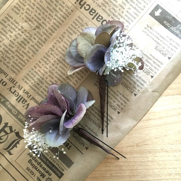 秋色紫陽花とかすみ草のヘッドドレス✼∗2点セット 2枚目の画像