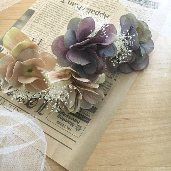 秋色紫陽花とかすみ草のヘッドドレス✼∗2点セット 5枚目の画像