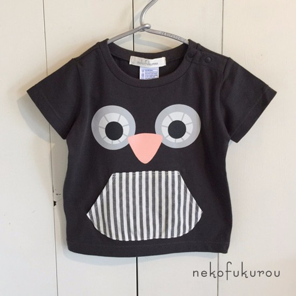 フクロウ　半袖Tシャツ（90サイズ）　スミクロ 1枚目の画像