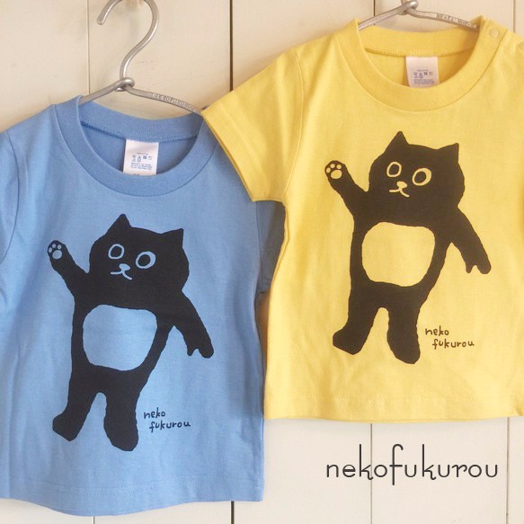 ネコフクロウ（90サイズ）こどもTシャツ　  ブルーorイエロー 1枚目の画像