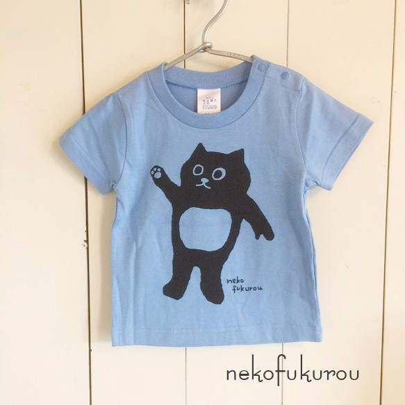 ネコフクロウ（90サイズ）こどもTシャツ　  ブルーorイエロー 3枚目の画像