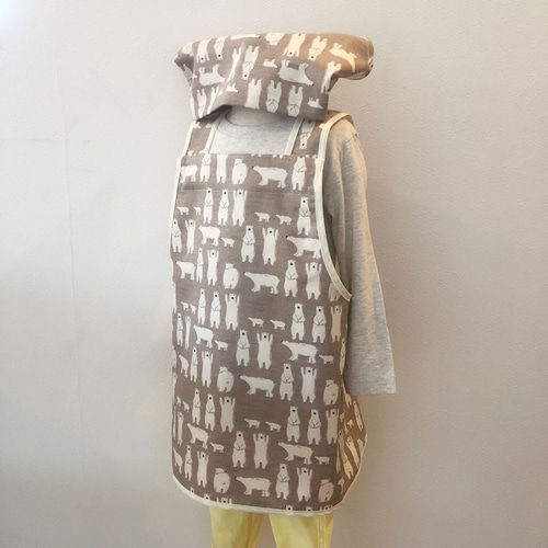 クマプリント 半袖ワンピース とエプロンのセット100cm~ 保育士 エプロン くまさん顔 ドット柄 ポケット付き 保育士 エプロン