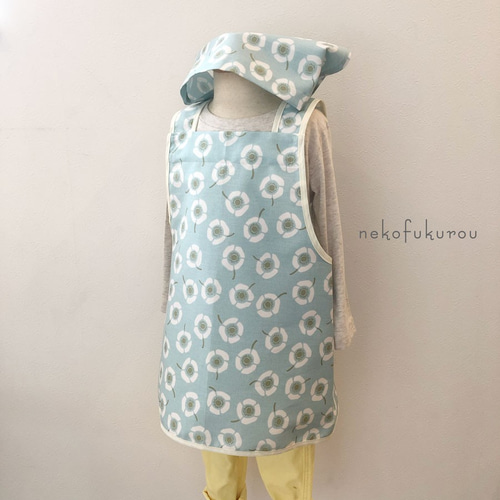 子供エプロンセット 三角巾つき アネモネプリント 水色 子供服