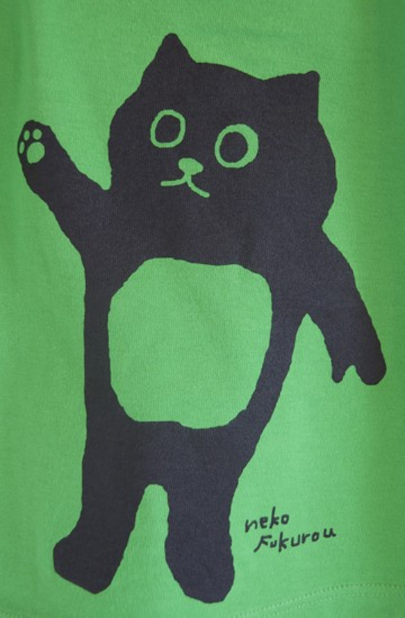 貓咪貓頭鷹圖案 (90公分)兒童用T恤 綠色 第3張的照片