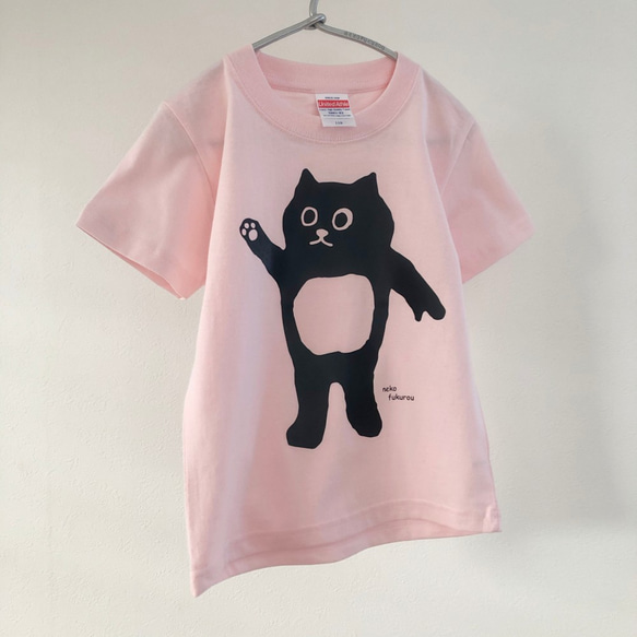 貓咪貓頭鷹圖案 (110公分)兒童用T恤 草莓牛奶色 第4張的照片
