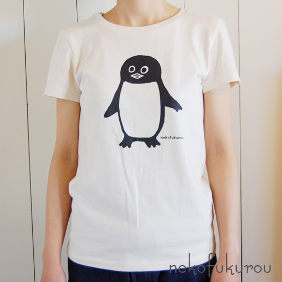 ペンギンプリントTシャツ　レディースサイズ　クリーム 1枚目の画像