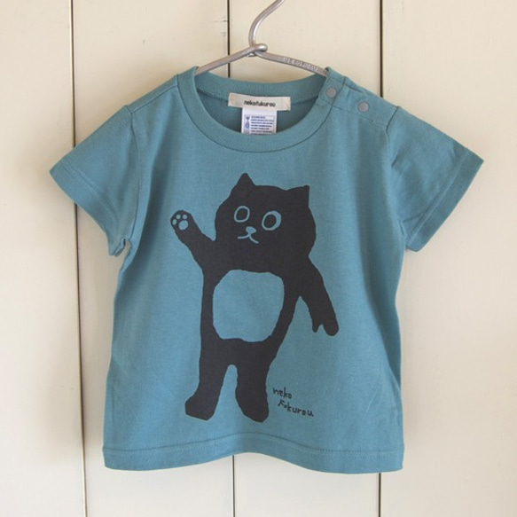 貓咪貓頭鷹圖案（120公分） 兒童T恤 鼠尾草藍 第1張的照片