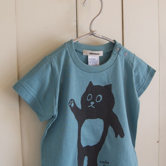 貓咪貓頭鷹圖案（120公分） 兒童T恤 鼠尾草藍 第3張的照片