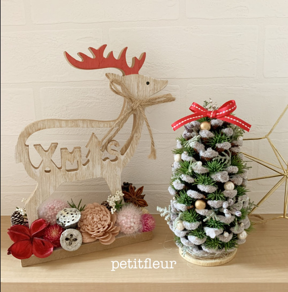大きな松ぼっくりツリー＆Xmasトナカイ ドライフラワー PetitFleur 
