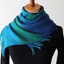 《鮮やかブルーの世界》ウール手織りマフラー　ターコイズグリーン　秋冬カラー/プレゼント 1枚目の画像
