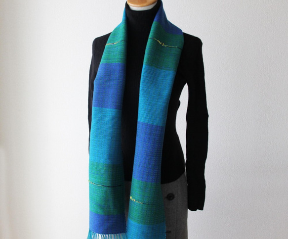 《鮮やかブルーの世界》ウール手織りマフラー　ターコイズグリーン　秋冬カラー/プレゼント 4枚目の画像