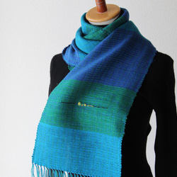 《鮮やかブルーの世界》ウール手織りマフラー　ターコイズグリーン　秋冬カラー/プレゼント 2枚目の画像
