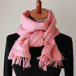 ふんわり優しいウール手織りマフラー　ピンク2　秋冬/プレゼント 3枚目の画像