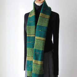 おしゃれなウール手織りマフラー　グリーンマスタード2　　秋冬カラー/プレゼント/男性にも 3枚目の画像