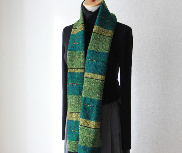 おしゃれなウール手織りマフラー　グリーンマスタード2　　秋冬カラー/プレゼント/男性にも 3枚目の画像