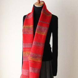 鮮やかなウール手織りマフラー　オリエンタルレッド/プレゼント/秋冬カラー 3枚目の画像