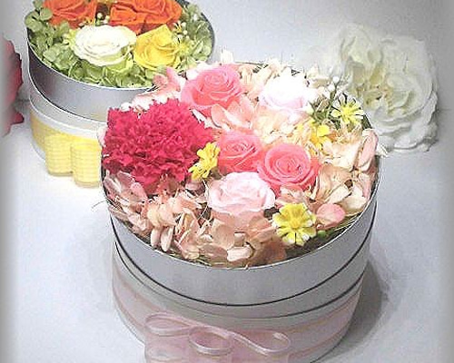 NO99 プリザーブドフラワー ギフト ボックスアレンジ（丸型ピンク） 母