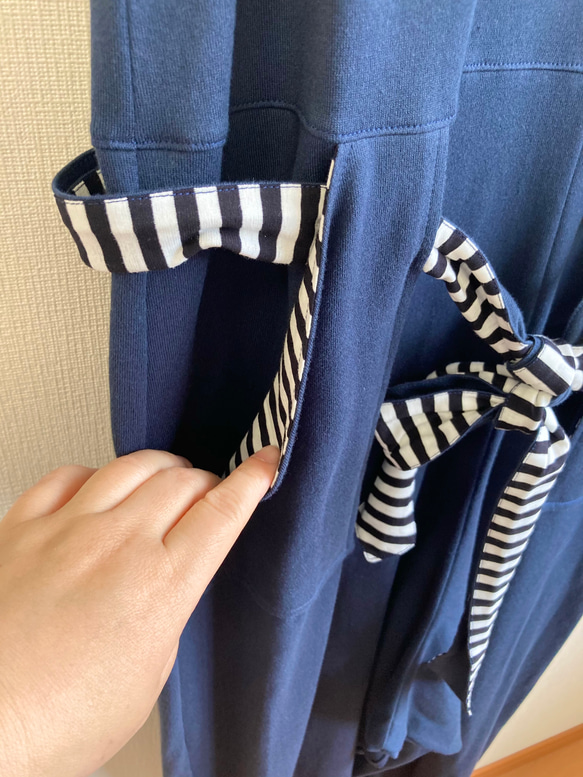 New color navy Rakuchin salopette ❤️ Border ribbon &amp; pocket 第5張的照片