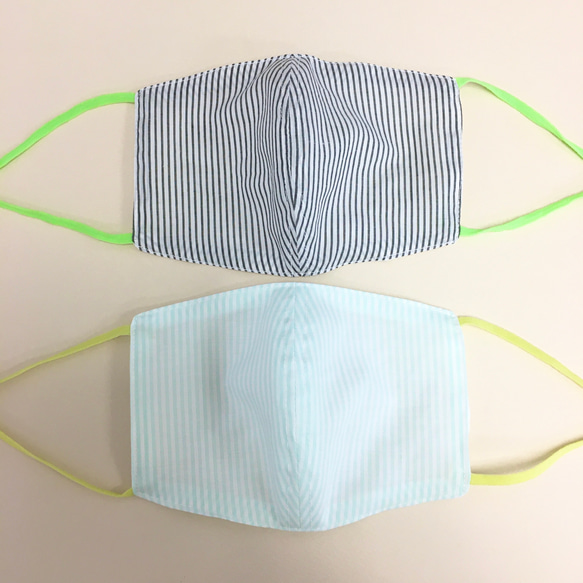 2 件套❤️ 棉和紗布材質 3D 面罩帶線（成人標準尺寸）綠色條紋，海軍藍色條紋 第1張的照片