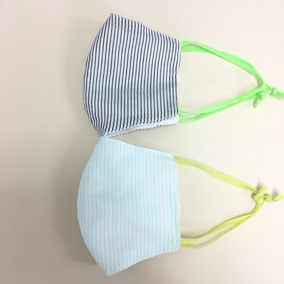 2 件套❤️ 棉和紗布材質 3D 面罩帶線（成人標準尺寸）綠色條紋，海軍藍色條紋 第2張的照片