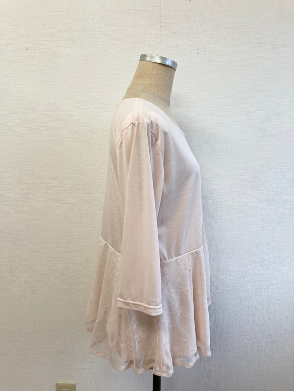 セール価格★❤️透けシフォンレースのヘプラムライン七分袖トップス 淡いピンク（サイズフリーL） 8枚目の画像