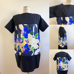 促銷價★復古又可愛❤️ 花朵圖案切換連身裙，黑色海軍藍（尺寸不限M - L） 第2張的照片