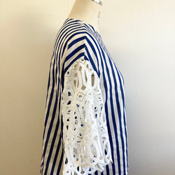 促銷價 ★ 可愛蕾絲 ❤️ 條紋圖案喇叭蕾絲袖襯衫 白色海軍藍（L - LL 均碼） 第6張的照片
