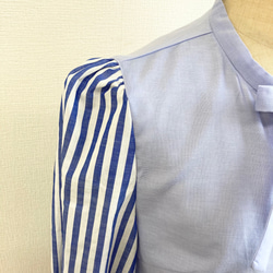 促銷價 ★ 絲帶很可愛❤️ 條紋可愛蓬鬆袖絲帶泰式襯衫 淺藍色（尺碼免費 M ~ L） 第4張的照片