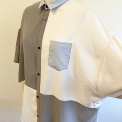 男女兼用❤️ストライプ柄襟のバイカラードルマン袖シャツ ベージュ、モカ（男女フリー メンズL、レディースLL） 6枚目の画像