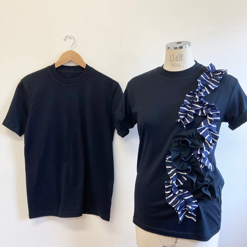 リメイクTシャツ❤️ボーダーフリルの半袖Tシャツ ネイビー