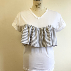 セール価格☆リメイクTシャツ❤️ストライプ柄胸フリルの半袖Tシャツ