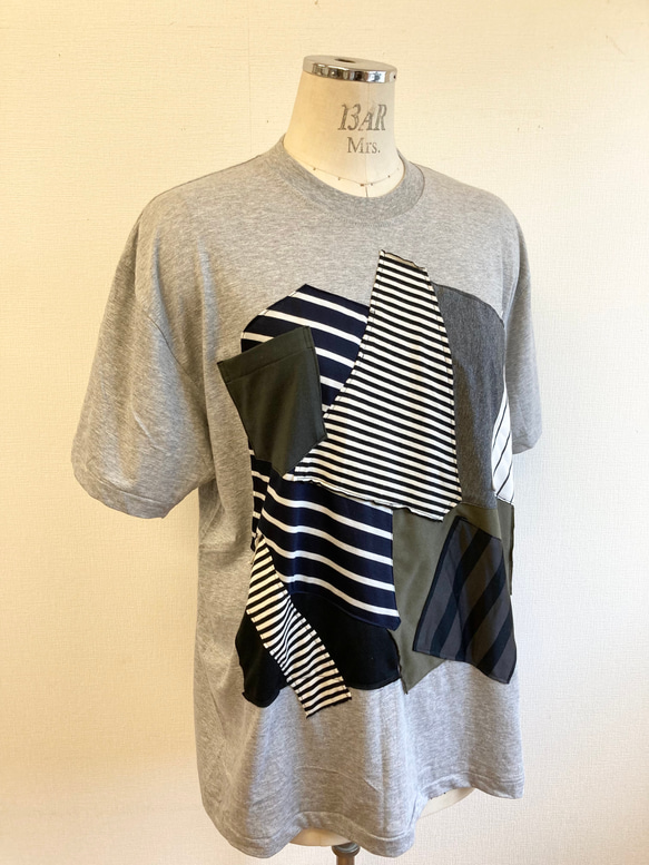 セール価格★リメイクTシャツ❤️パッチワーク風半袖Tシャツチュニック　グレー（サイズ LL） 4枚目の画像