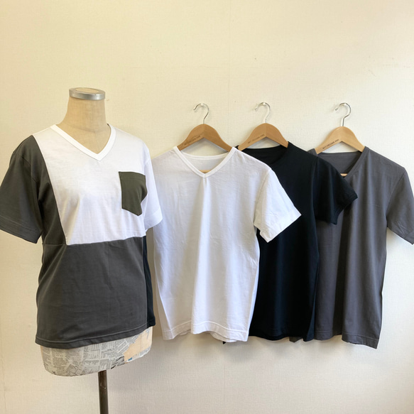 セール価格★リメイクTシャツ❤️バイカラー半袖Tシャツ　白グレー黒カーキ（サイズM） 2枚目の画像