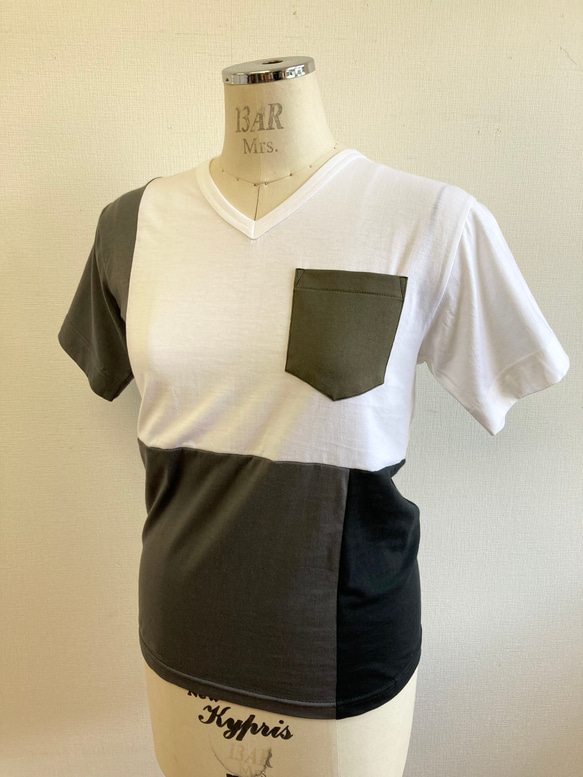 セール価格★リメイクTシャツ❤️バイカラー半袖Tシャツ　白グレー黒カーキ（サイズM） 6枚目の画像