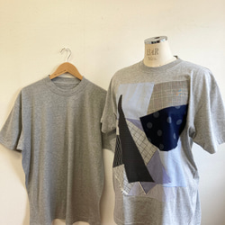セール価格★リメイクTシャツ❤️パッチワーク風半袖Tシャツチュニック　グレー水色（サイズ LL） 2枚目の画像