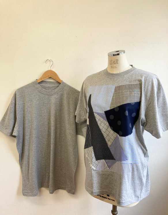 セール価格★リメイクTシャツ❤️パッチワーク風半袖Tシャツチュニック　グレー水色（サイズ LL） 2枚目の画像