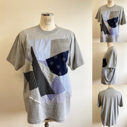 セール価格★リメイクTシャツ❤️パッチワーク風半袖Tシャツチュニック　グレー水色（サイズ LL） 4枚目の画像
