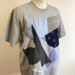 セール価格★リメイクTシャツ❤️パッチワーク風半袖Tシャツチュニック　グレー水色（サイズ LL） 6枚目の画像