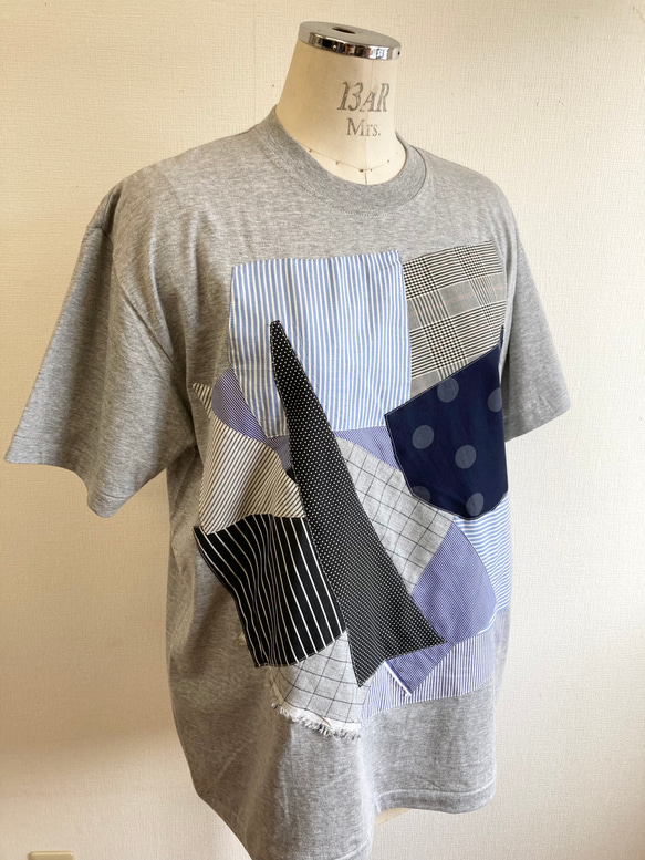セール価格★リメイクTシャツ❤️パッチワーク風半袖Tシャツチュニック　グレー水色（サイズ LL） 6枚目の画像