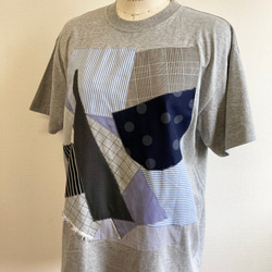 セール価格★リメイクTシャツ❤️パッチワーク風半袖Tシャツチュニック　グレー水色（サイズ LL） 7枚目の画像