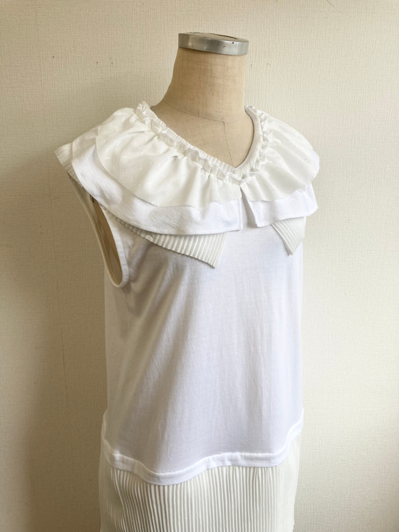 Remake T-shirt ❤️ 荷葉領無袖T卹連衣裙 白色（M碼） 第8張的照片