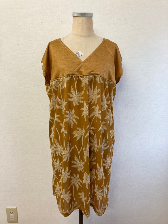 促銷價★成熟芥末色❤️棕櫚樹印花cache-coeur束腰連衣裙芥末色（L~LL碼） 第1張的照片